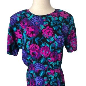 Vintage 80s Dawn Joy Secretary Dress Floral Short Sleeve Pockets Shoulder Pads
